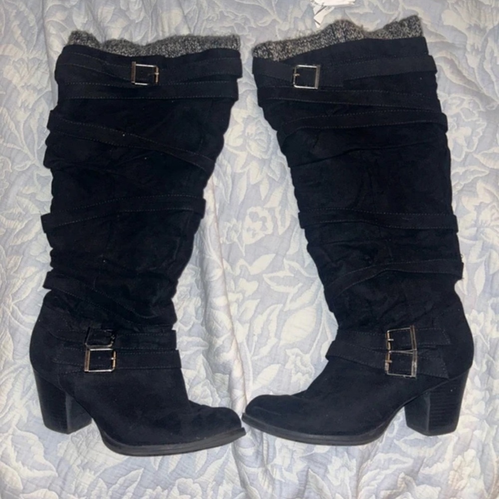 JustFab Black Suede Mid-Calf Buckle Heeled Boots